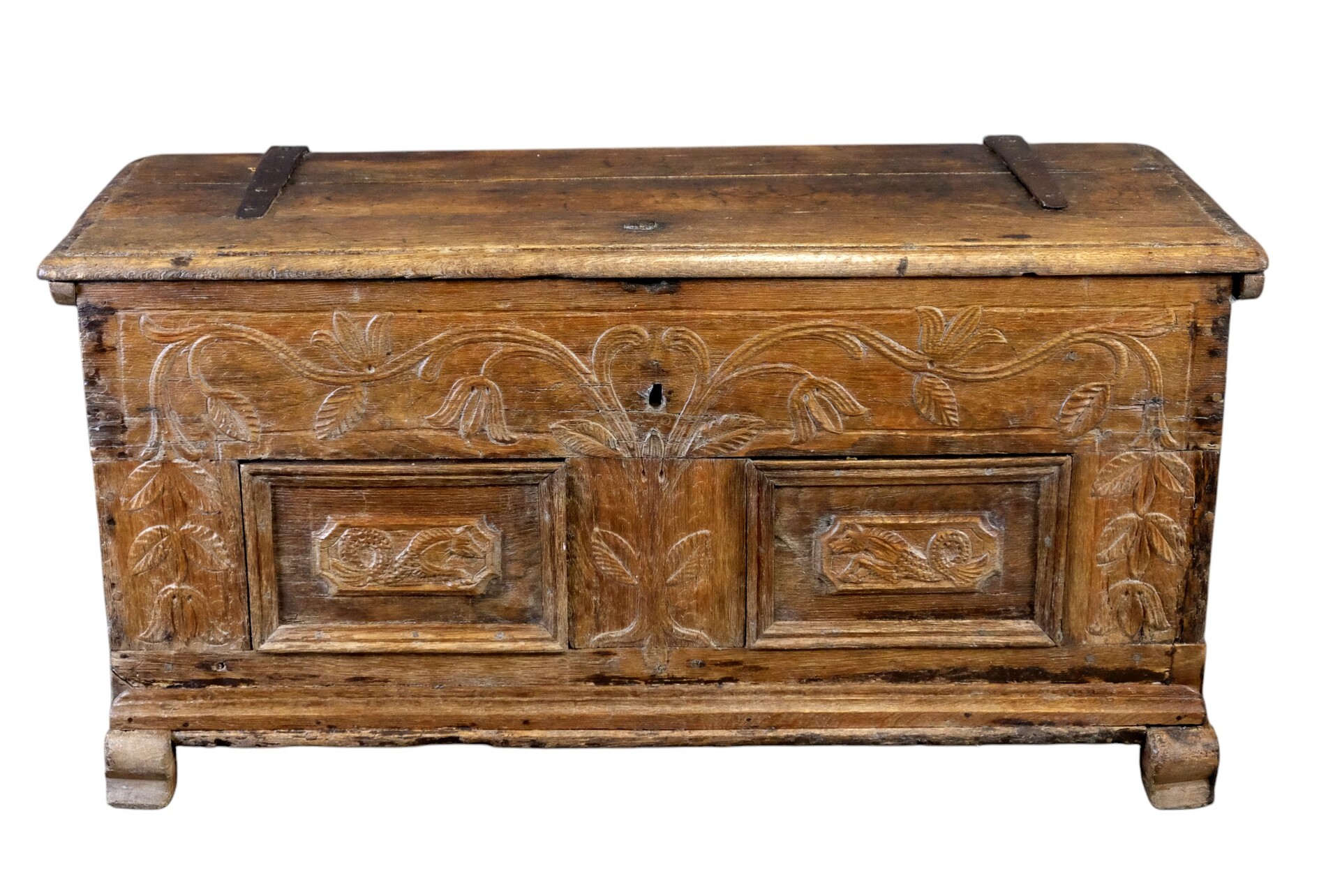 18th century oak chest with interesting carving.