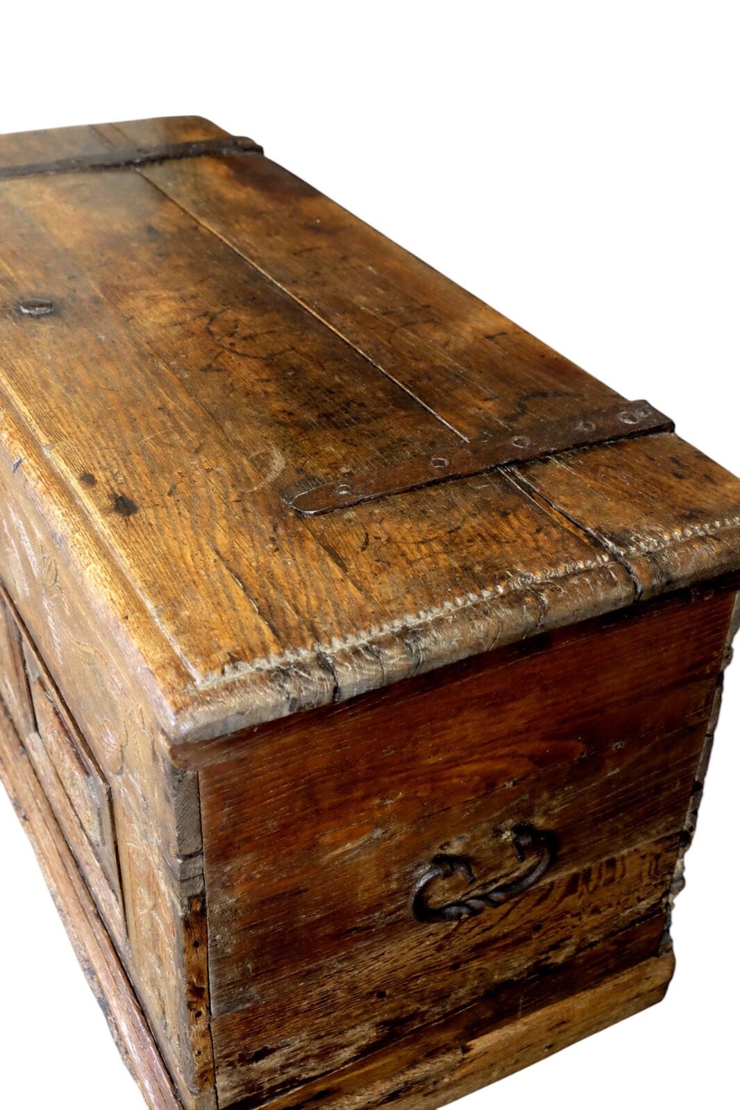 18th century oak chest with interesting carving.