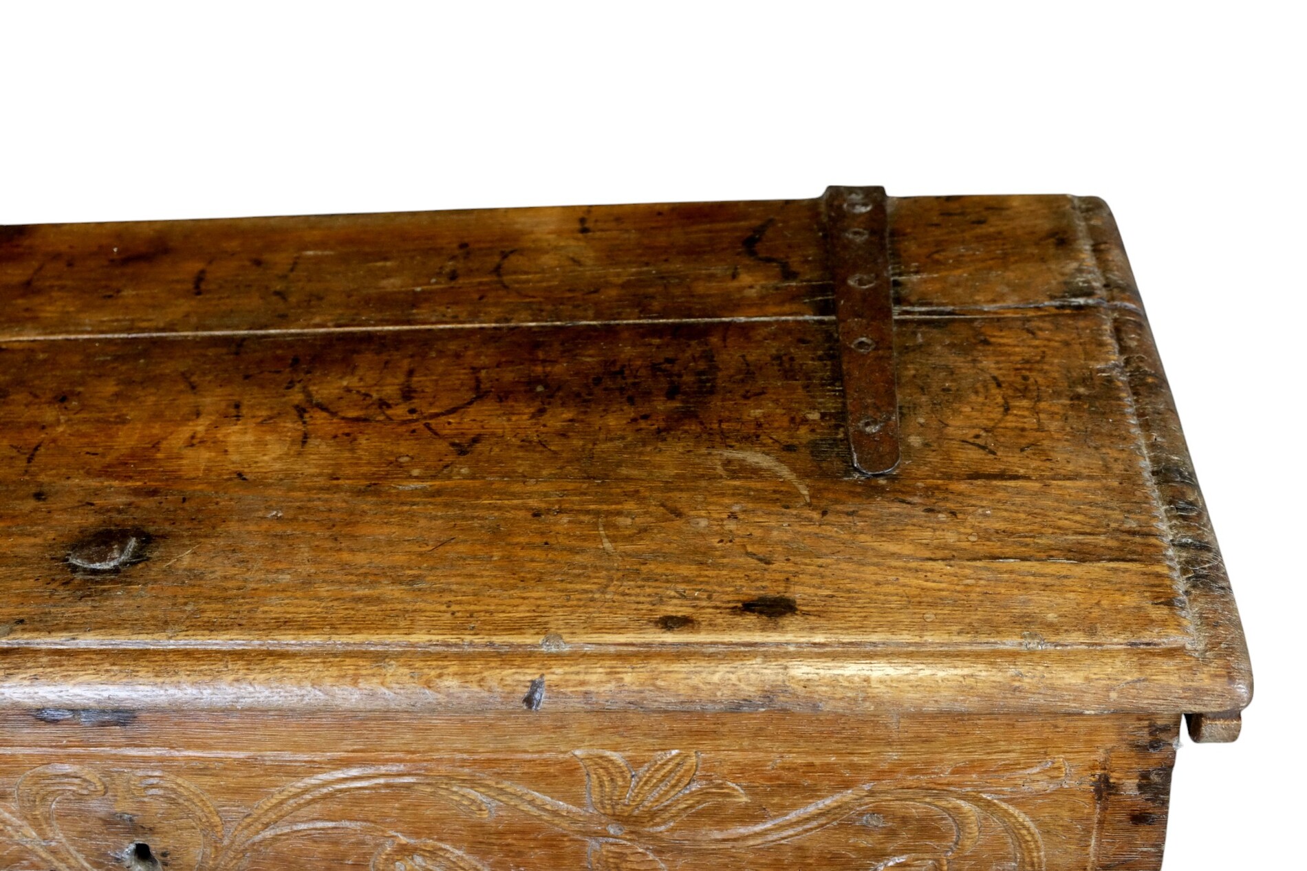 18th century oak chest with interesting carving.