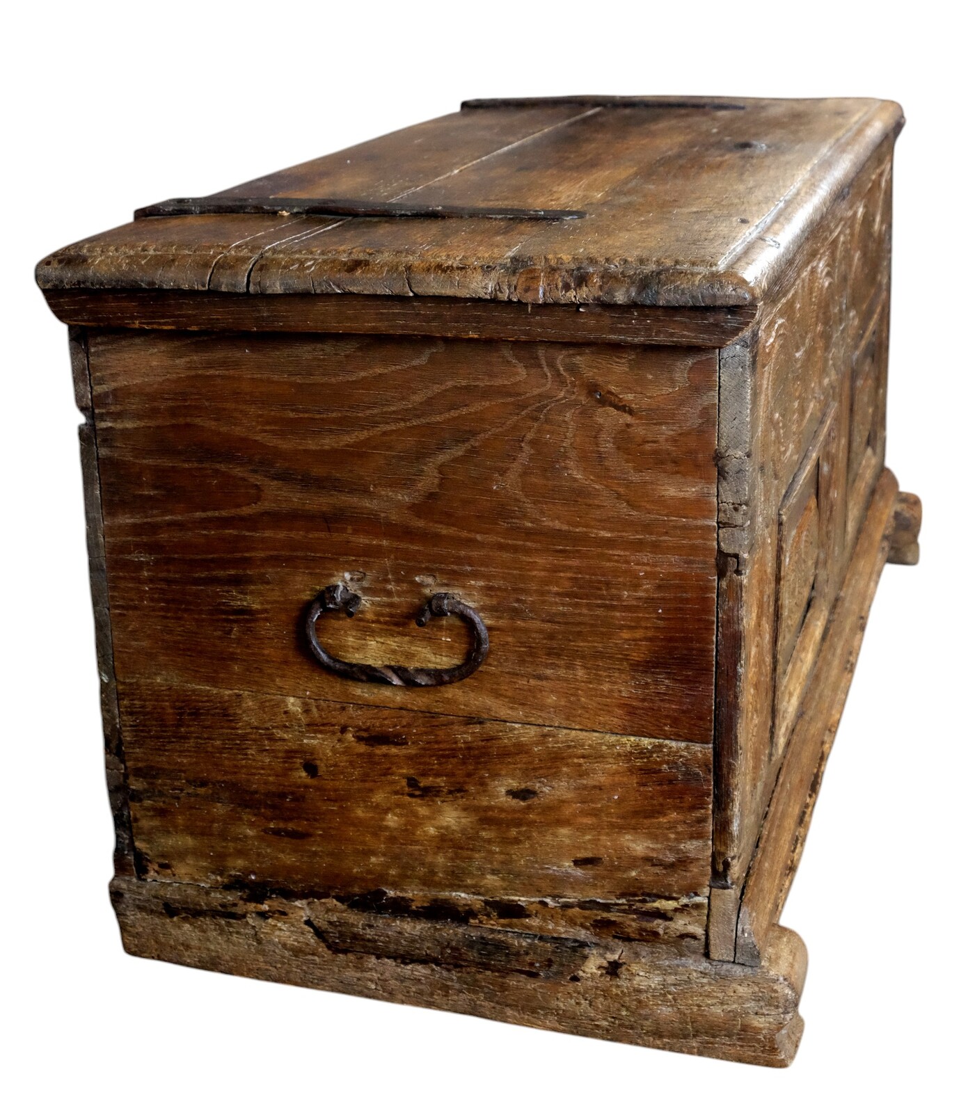 18th century oak chest with interesting carving.