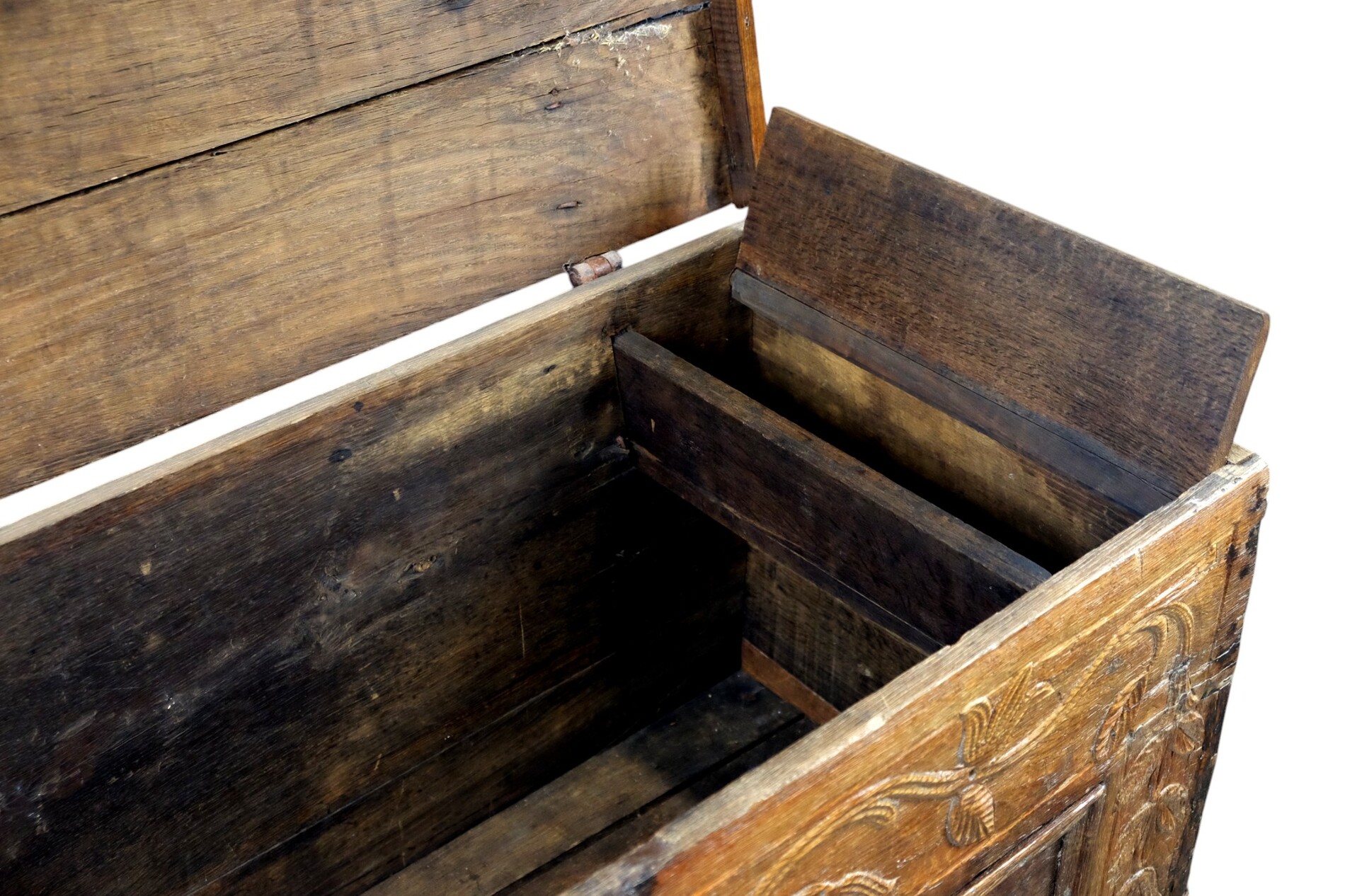 18th century oak chest with interesting carving.