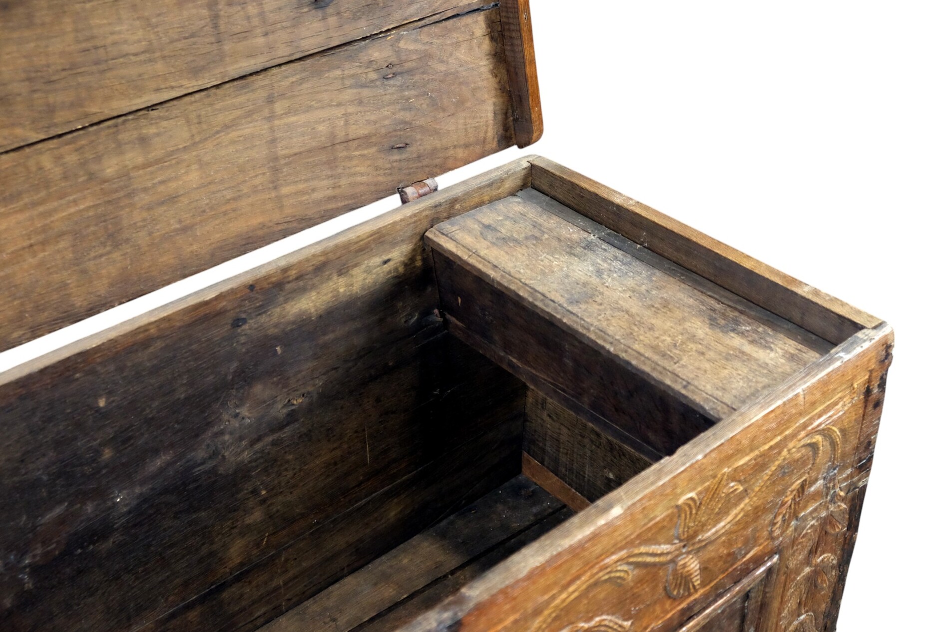 18th century oak chest with interesting carving.